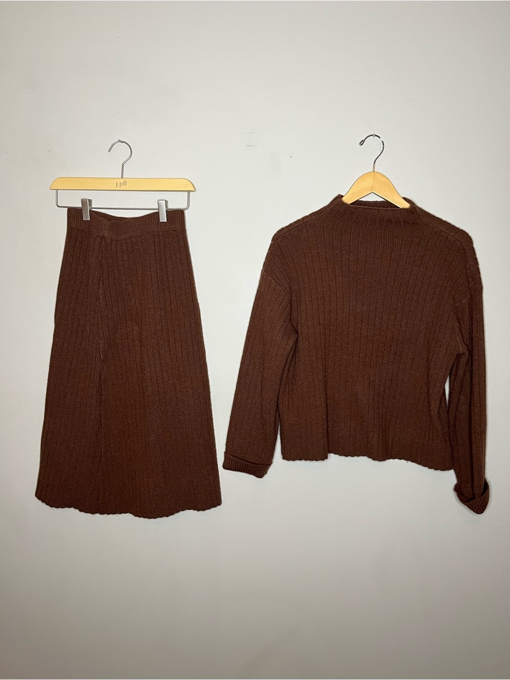 Brown Ribbed Knit 2 Piece Set Sweater + Midi Skirt